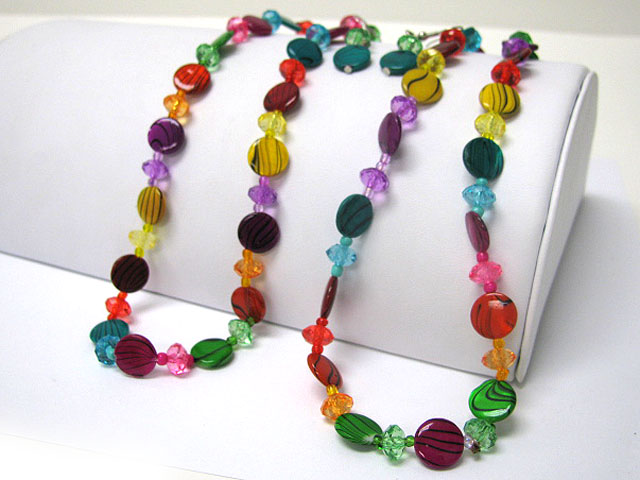 Art shell disk and facet glass beads long necklace earring set