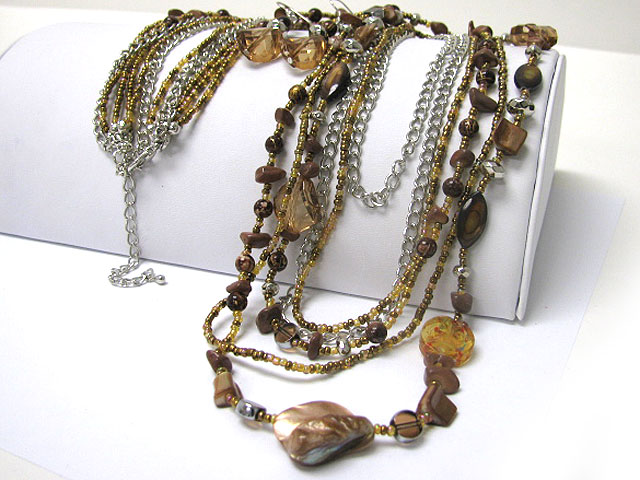 Multi row shell and mixed stone beads long necklace earring set