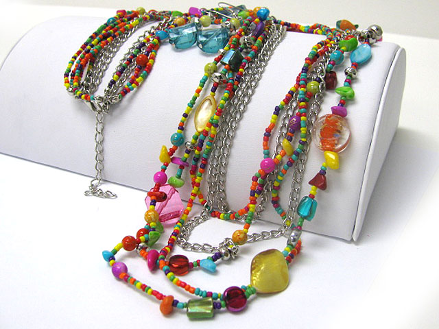 Multi row shell and mixed stone beads long necklace earring set