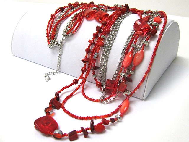 Multi row shell and mixed stone beads long necklace earring set