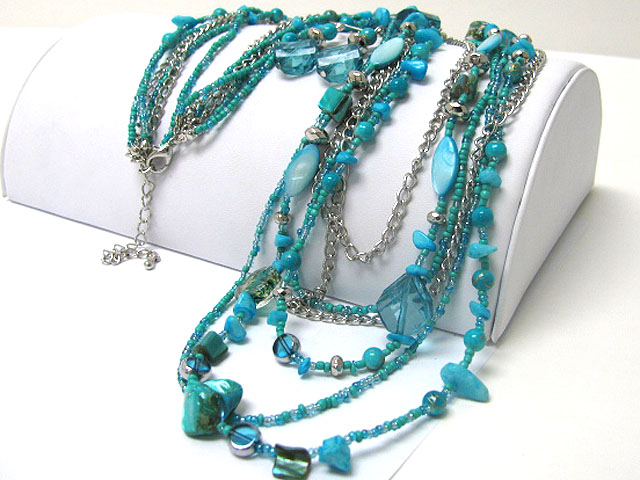 Multi row shell and mixed stone beads long necklace earring set