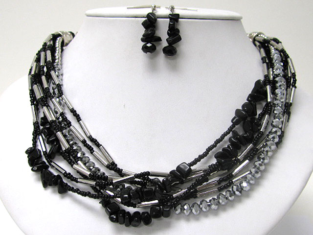 Multi strand mixed natural chip stone and metal tube link necklace earring set