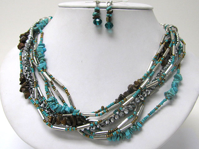 Multi strand mixed natural chip stone and metal tube link necklace earring set