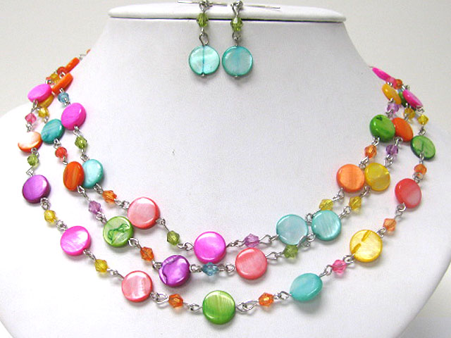 Triple row shell disk link long necklace earring set