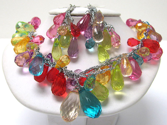 Multi facet acryl tear beads cluster dangle necklace earring set