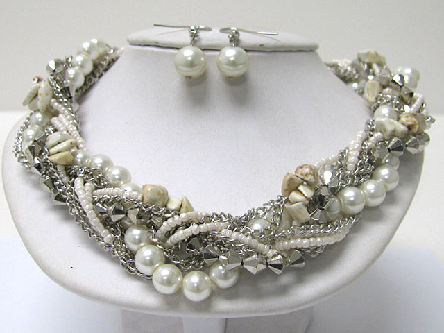 Pearl and chip stone braided multi strand metal chain neckalce earring set