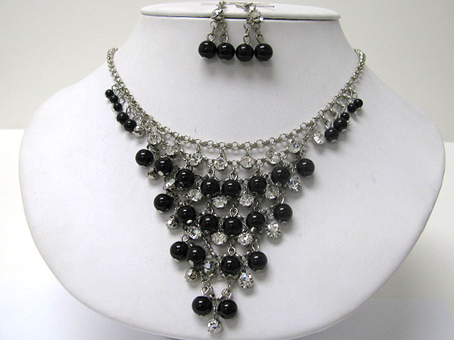 Acryl ball and crystal cascade v drop necklace earring set