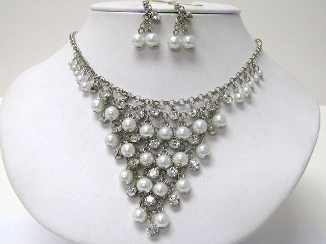 Acryl ball and crystal cascade v drop necklace earring set