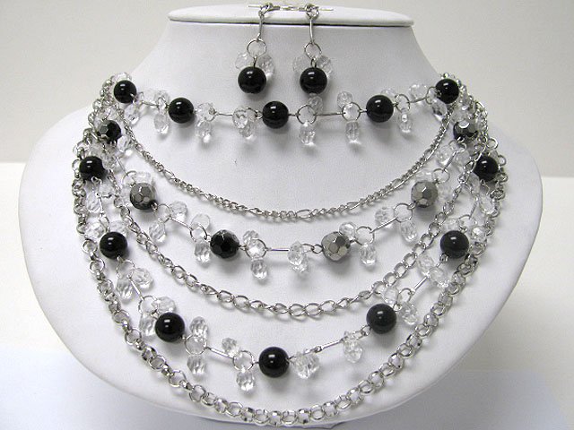 Multi row mixed acryl beads chain hanging necklace earring set