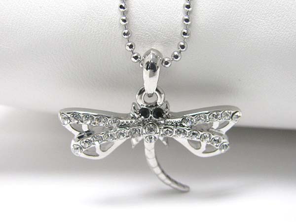 Made in korea whitegold plating crystal stud dragonfly pendant necklace