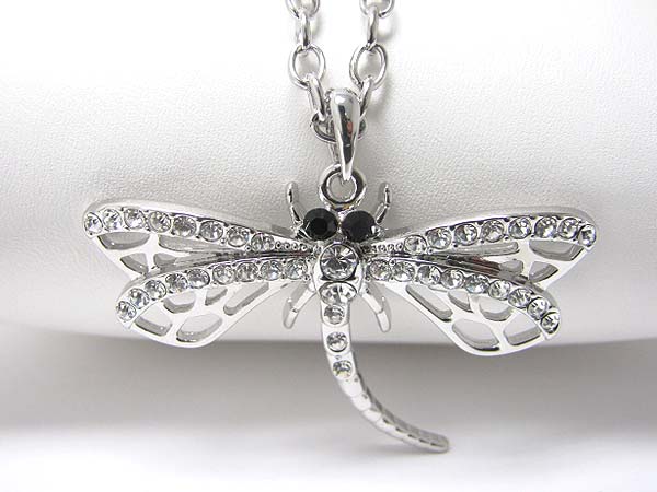 Made in korea whitegold plating crystal stud large dragonfly pendant necklace