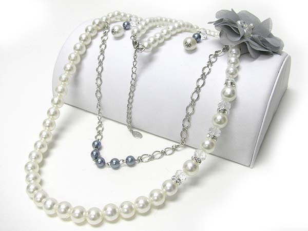 Flower accent pearl beads long chain necklace earring set