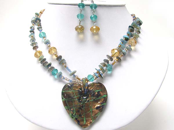 Murano glass heart pendant and mixed stone neckalce earring set