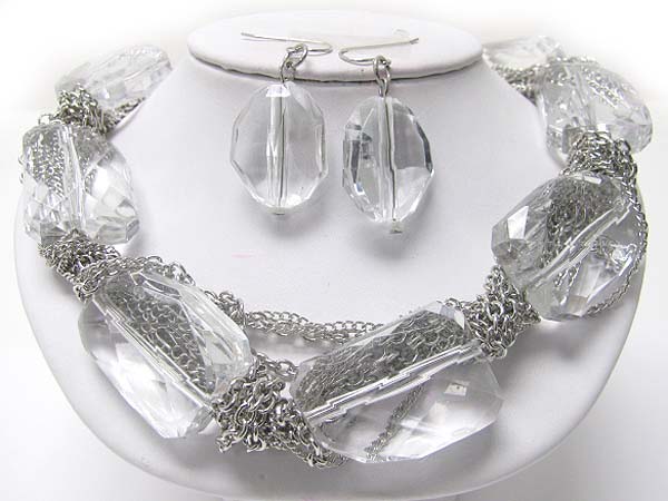 Facet acrlic stone and chain tangle necklace earring set