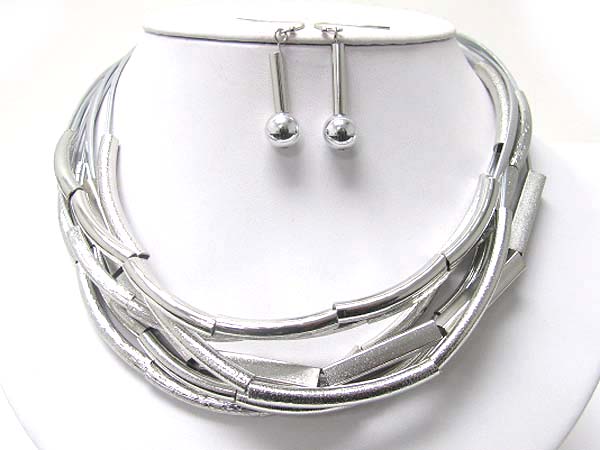 Multi strand round and square metal tube thread cord necklace earring set