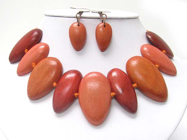 Ethnic style carved wood link necklace earring set