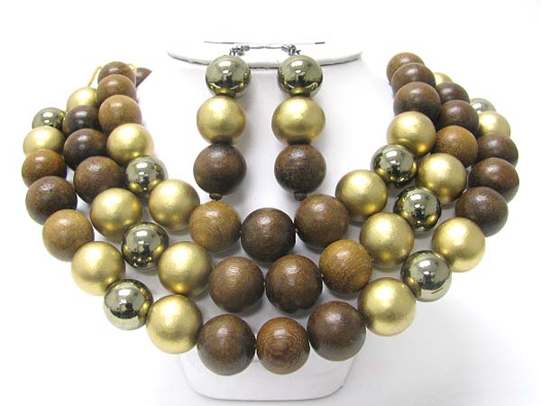 Triple layer wood and metal ball link necklace earring set