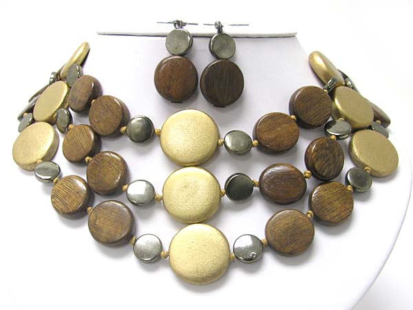 Triple layer wood and metal disk link necklace earring set