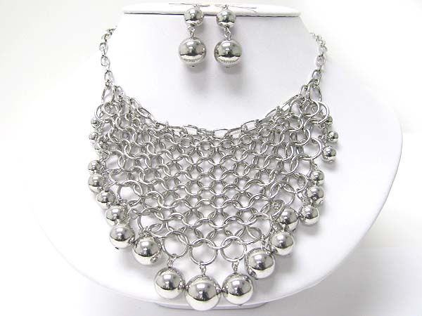 Metal ball dangle metal chain mesh necklace earring set