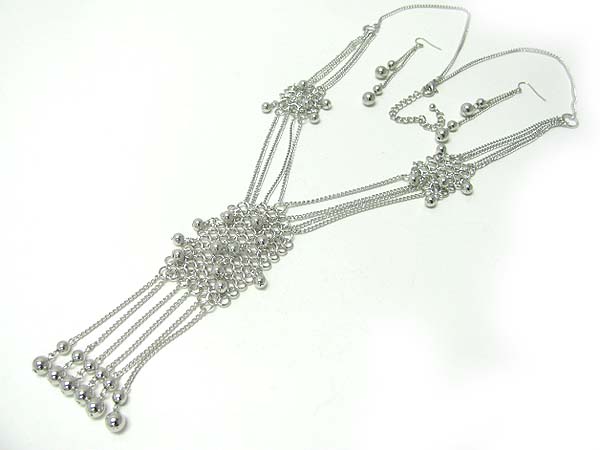 Metal mesh chain and ball long necklace earring set