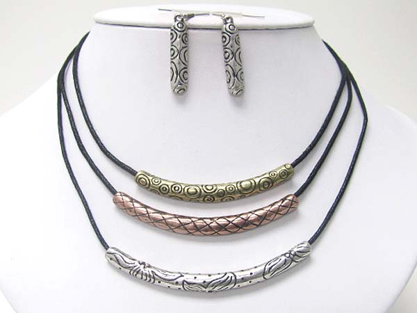 Triple textured metal tube and cord necklace earring set