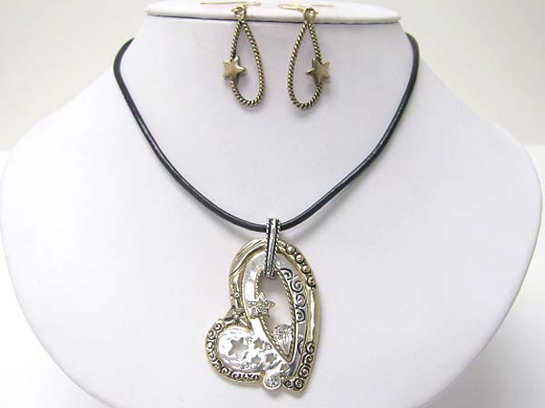 Crystal stud textured metal heart and cord necklace earring set