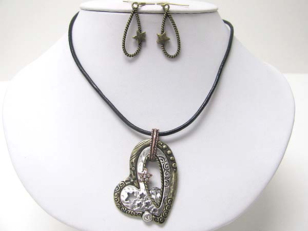 Crystal stud textured metal heart and cord necklace earring set