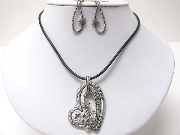 Crystal stud textured metal heart and cord necklace earring set