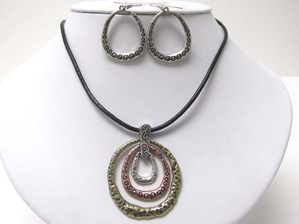 Textured metal triple round and cord necklace earring set