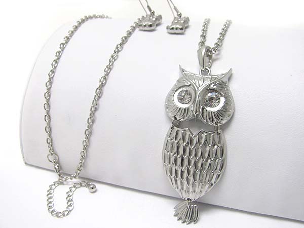 Crystal stud owl pendant long necklace earring set