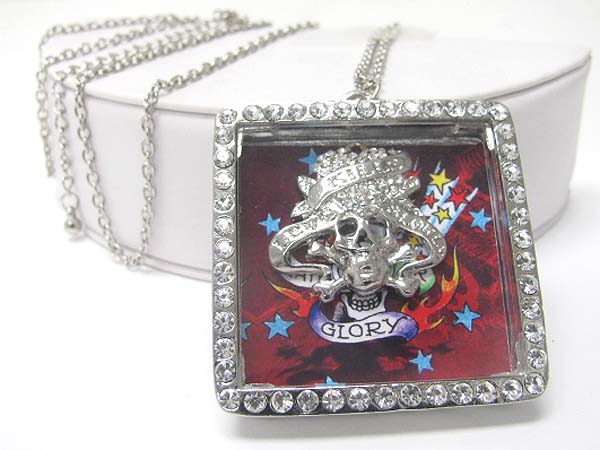 Crystal tatto theme picture frame pendant long necklace