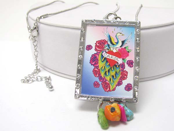 Crystal tatto theme picture frame pendant long necklace