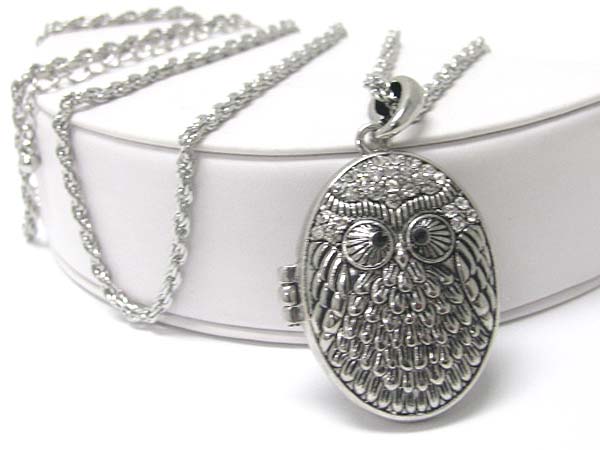 Crystal deco owl locket charm long necklace?