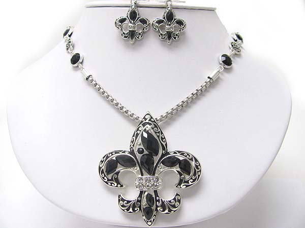 Crystal and acryl stud fleur de lis pendant long necklace earring set?