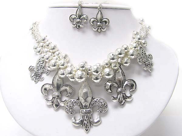 Multi fleur de lis charm metal ball cluster necklae earring set