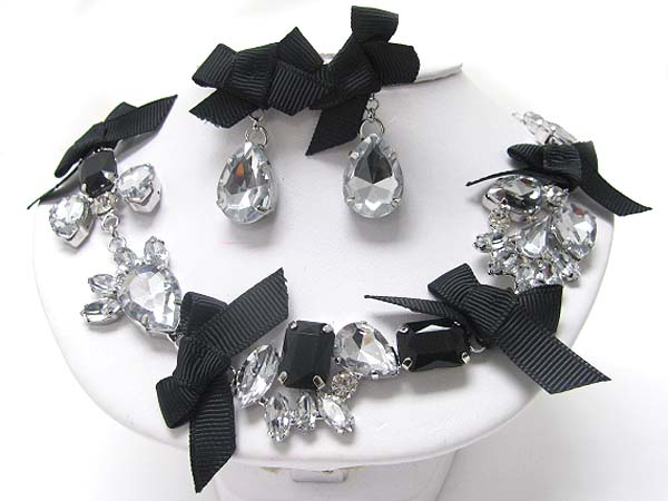 Facet mixed shape crystal dangle and ribbon necklace earring set