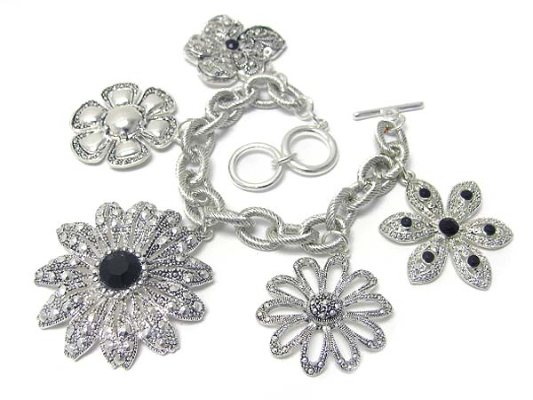 Marcasite look metal flower dangle toggle bracelet