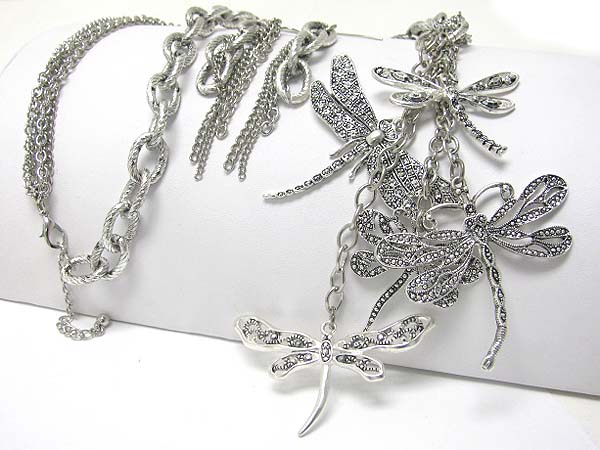 Marcasite look multi dragonfly dangle long chain necklace earring set