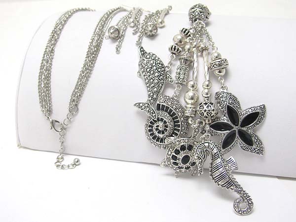 Marcasite look multi sea animals dangle long chain necklace earring set