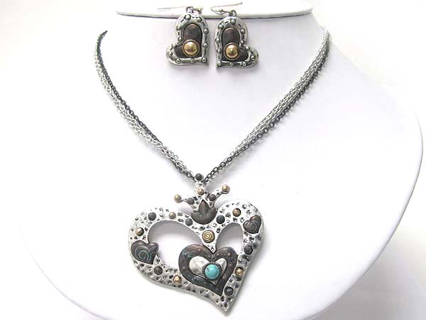 Antique looking tri tone metal heart pendant necklace earring set