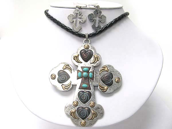 Antique look stone stud tri tone metal cross pendant necklace earring set