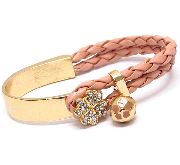 Crystal clover and braided leatherette and half metal bangle bracelet