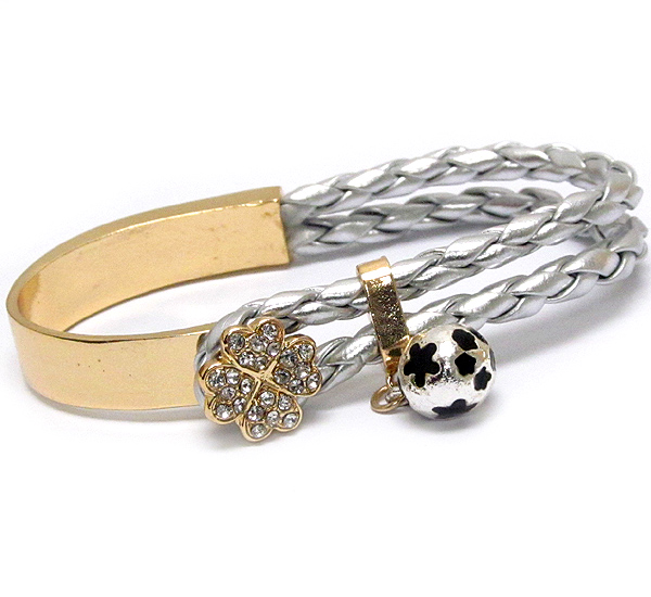 Crystal clover and braided leatherette and half metal bangle bracelet