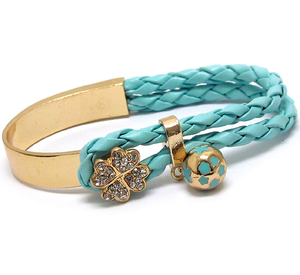 Crystal clover and braided leatherette and half metal bangle bracelet