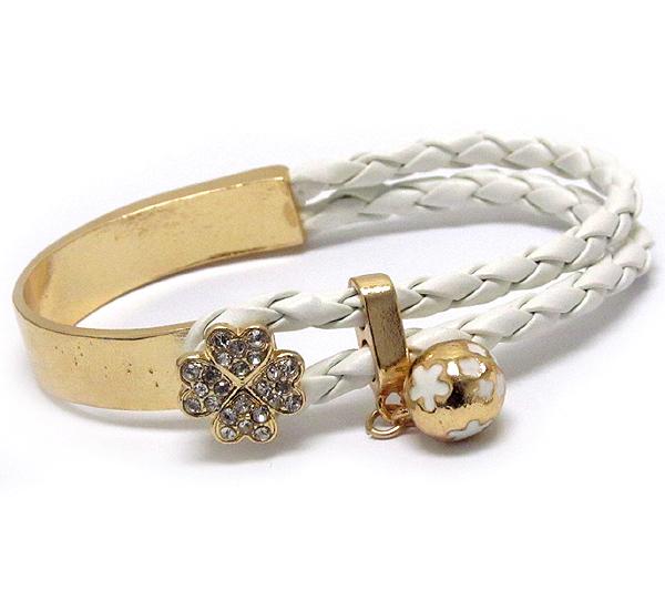 Crystal clover and braided leatherette and half metal bangle bracelet