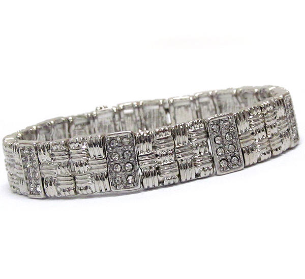 Crystal and textured metal plate link stretch bracelet