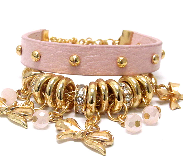 Crystal deco multi ribbon and rondelle link metal chain and leatherette band wrap bracelet