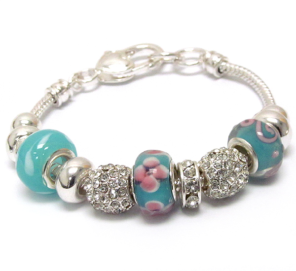 Crystal ball and murano glass link pandora style bracelet