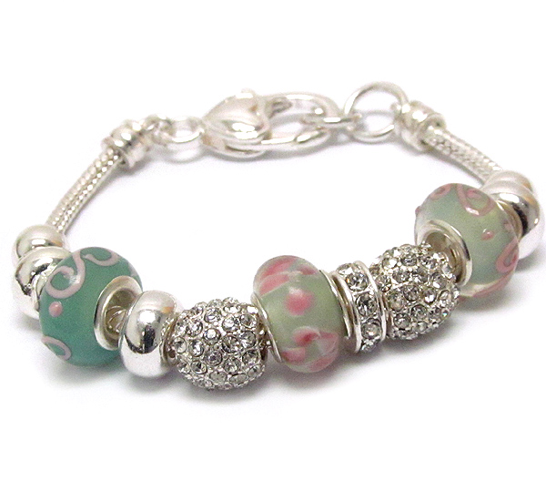 Crystal ball and murano glass link pandora style bracelet