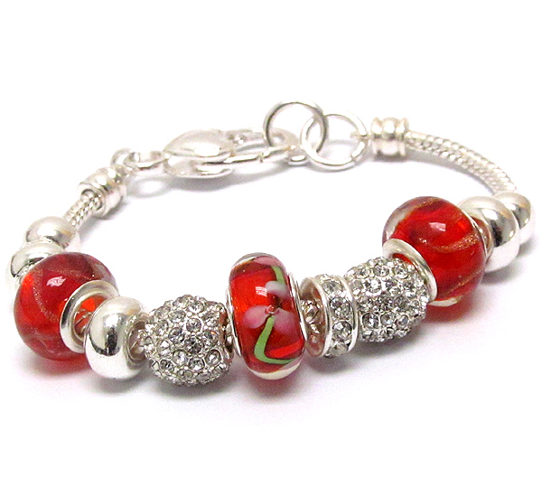 Crystal ball and murano glass link pandora style bracelet